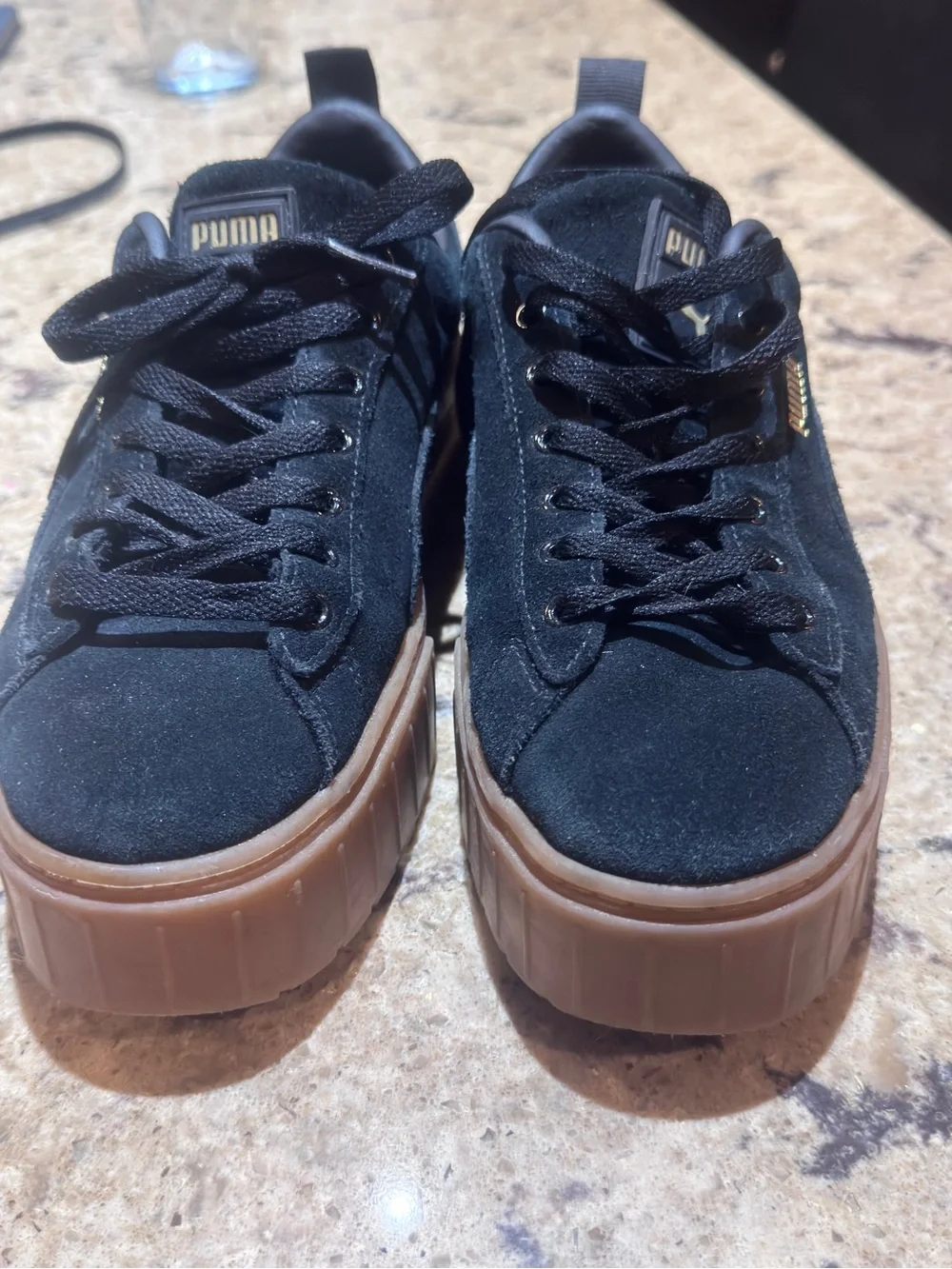 Puma Black Suede Platform Sneakers with Brown Gum Sole